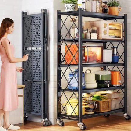 Foldable Kitchen Metallic 5 layer storage Rack with wheels