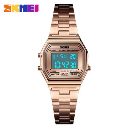 SKMEI 1415 Watch for Women’s Watch Digital Movement Calendar Stainless Steel Band 30M Waterproof Wristwatch-rose