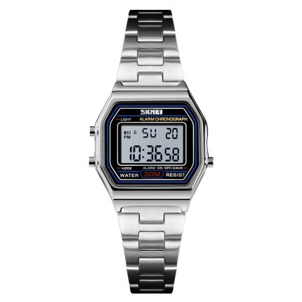 SKMEI 1415 Watch for Women’s Watch Digital Movement Calendar Stainless Steel Band 30M Waterproof Wristwatch-silver