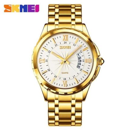 Skmei 9069 Gold Analog Quartz Formal mens Watch date display-gold white