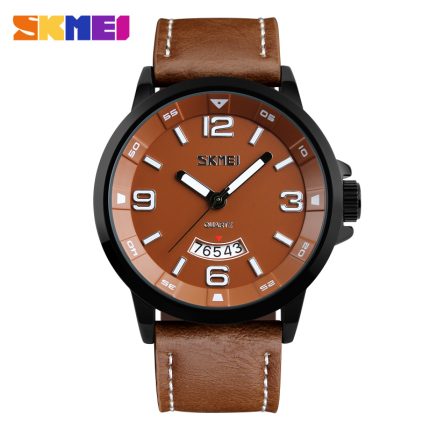 skmei 9115 leather waterproof quartz mens watch-brown
