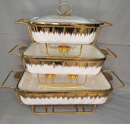 3pcs Ceramic whitegold Chaffing Dishes/ Food Warmers, 3.5l,2.5l,1.8l