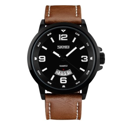 skmei 9115 leather waterproof quartz mens watch-brown
