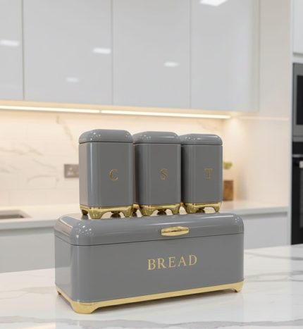 Bread Bin with Three Canister Set with touch of gold -grey
