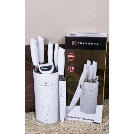 edenberg 7pc Heavy-Duty Knife Set with Stand  Non-Stick, Ergonomic Handles-white