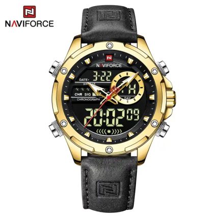 Naviforce NF9208 Analog Digital Leather Watch For Men-black pay on delivery