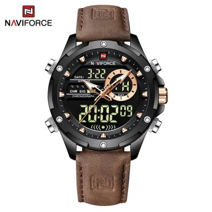 Naviforce NF9208 Analog Digital Leather Watch For Men-brown pay on delivery
