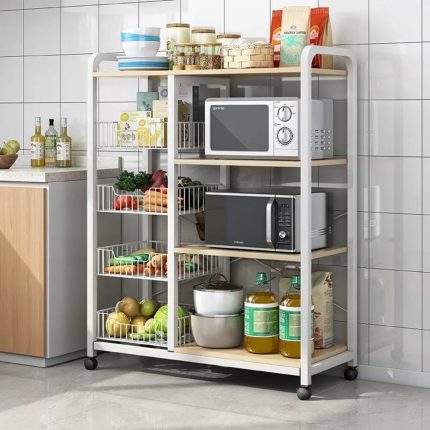 Multifunctional Strong metallic Kitchen rack with movable & lockable wheels-black