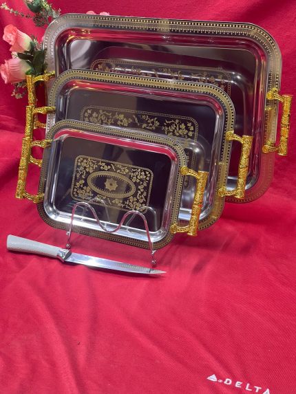 3pc stainless serving tray with golden handles-black