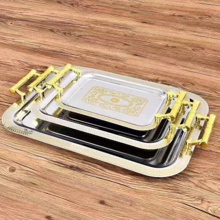 3pc stainless serving tray with golden handles-silver