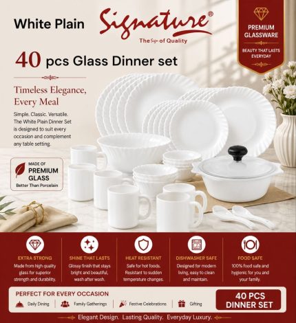 40 pcs Signature Glass Dinner Sets-whiteplain